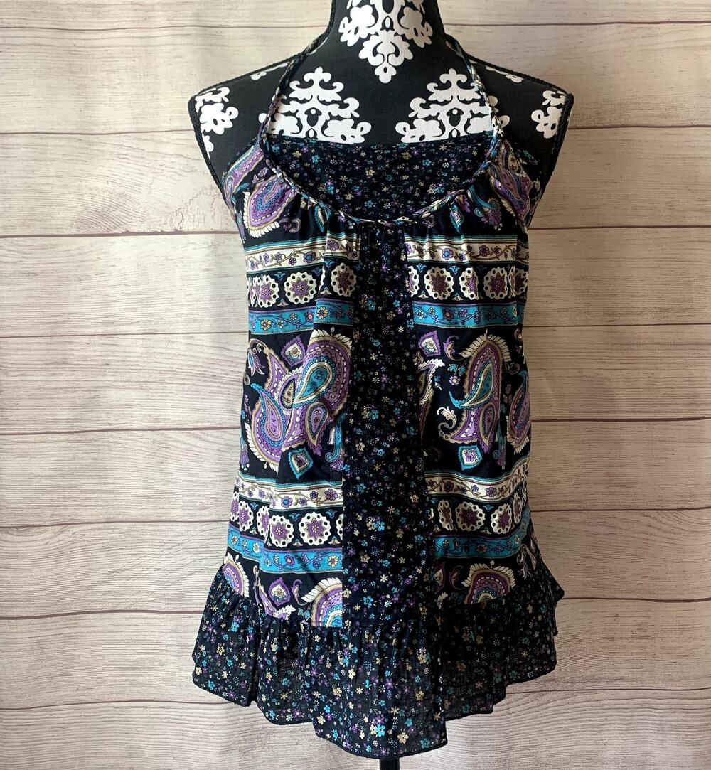 Paisley and Floral Black Purple Blue Halter Tank Top Ruffle Peplum Bottom
